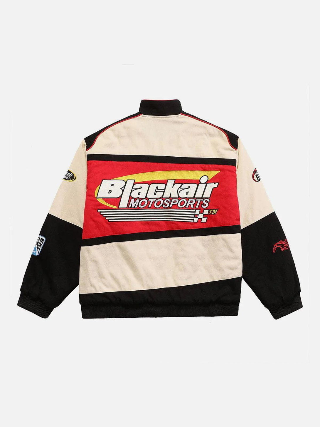 Back view of TALISHKO BLACKAIR Motosports Jacket, featuring bold racing graphics and patches.