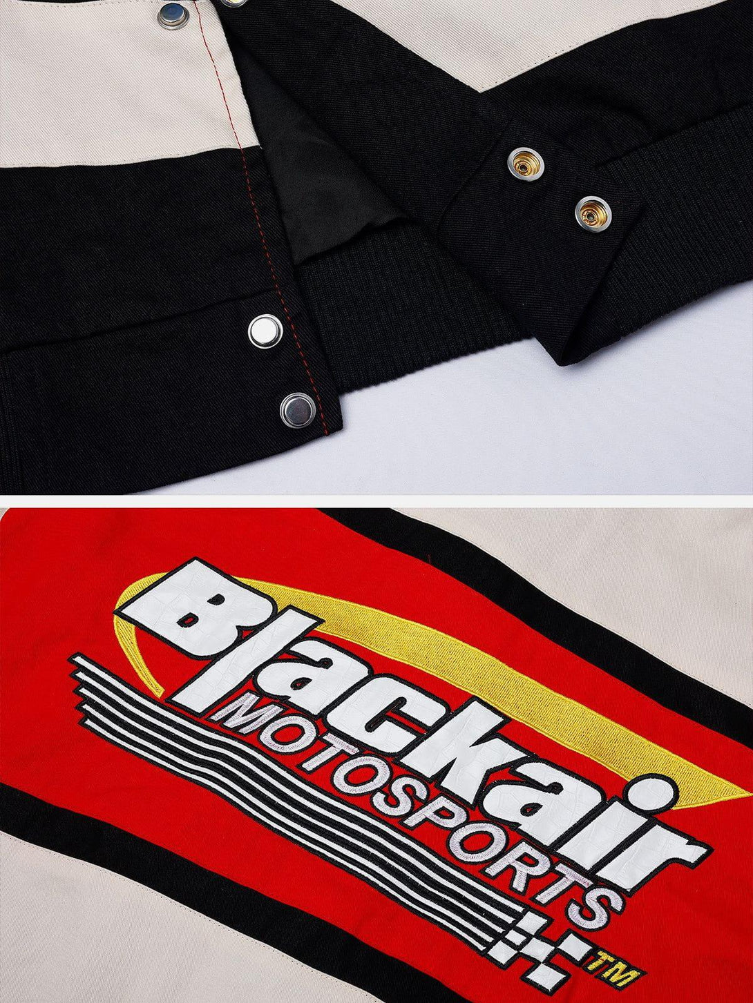 Detailed view of TALISHKO BLACKAIR Motosports Jacket, highlighting buttons and vibrant logo design.