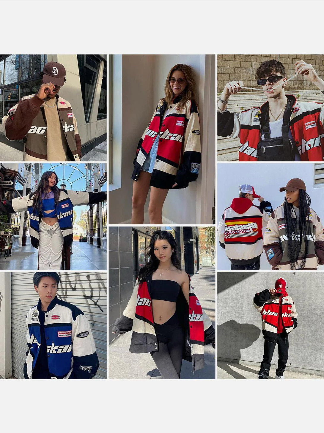 Diverse models wearing the TALISHKO BLACKAIR Motosports Jacket, showcasing bold streetwear style.