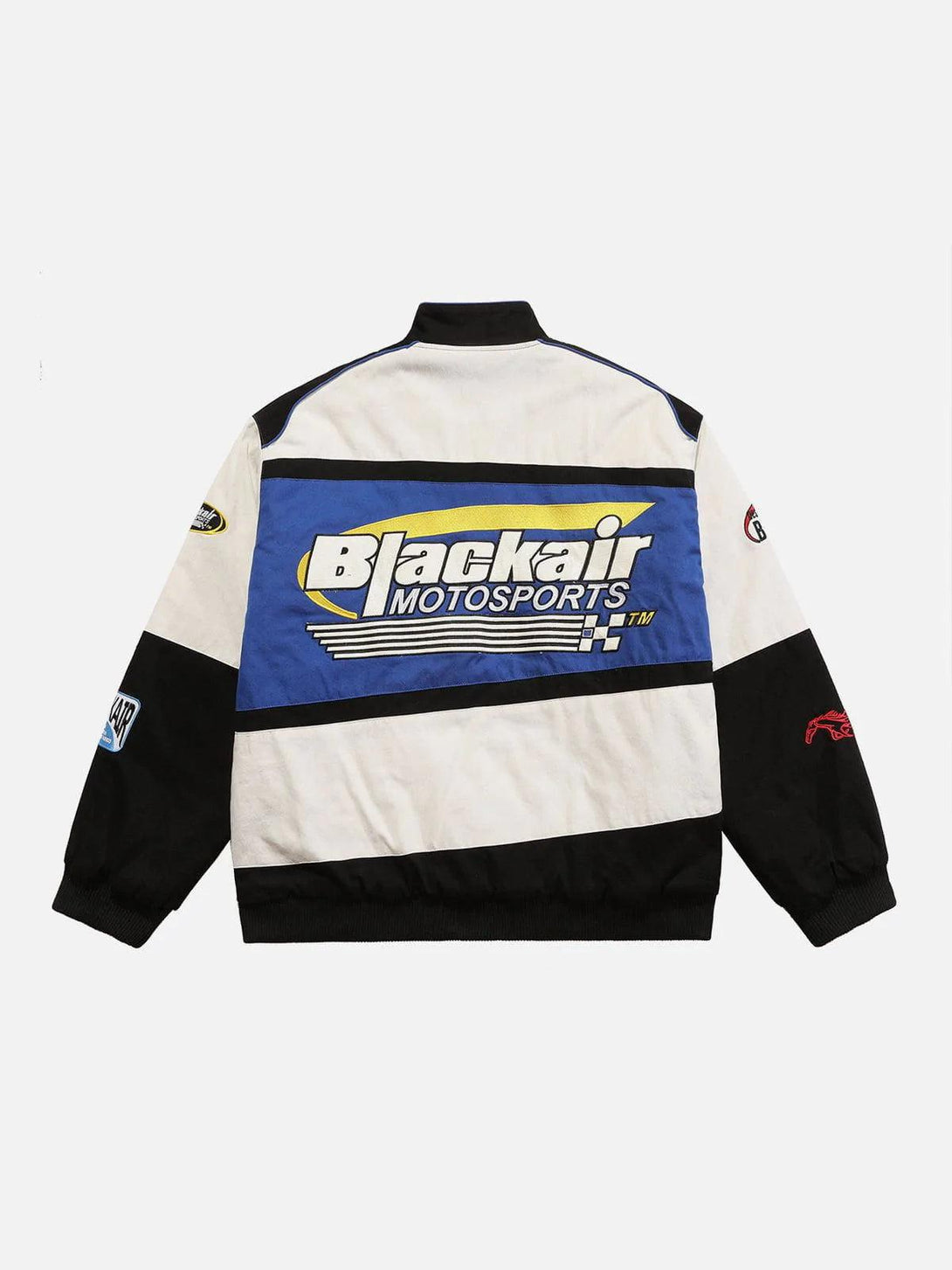 Back view of TALISHKO BLACKAIR Motosports Jacket with bold motorsport graphics and patches.