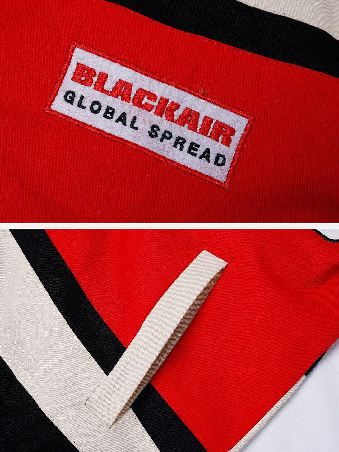 Detailed view of TALISHKO BLACKAIR Motosports Jacket, focusing on logo and color-block design.