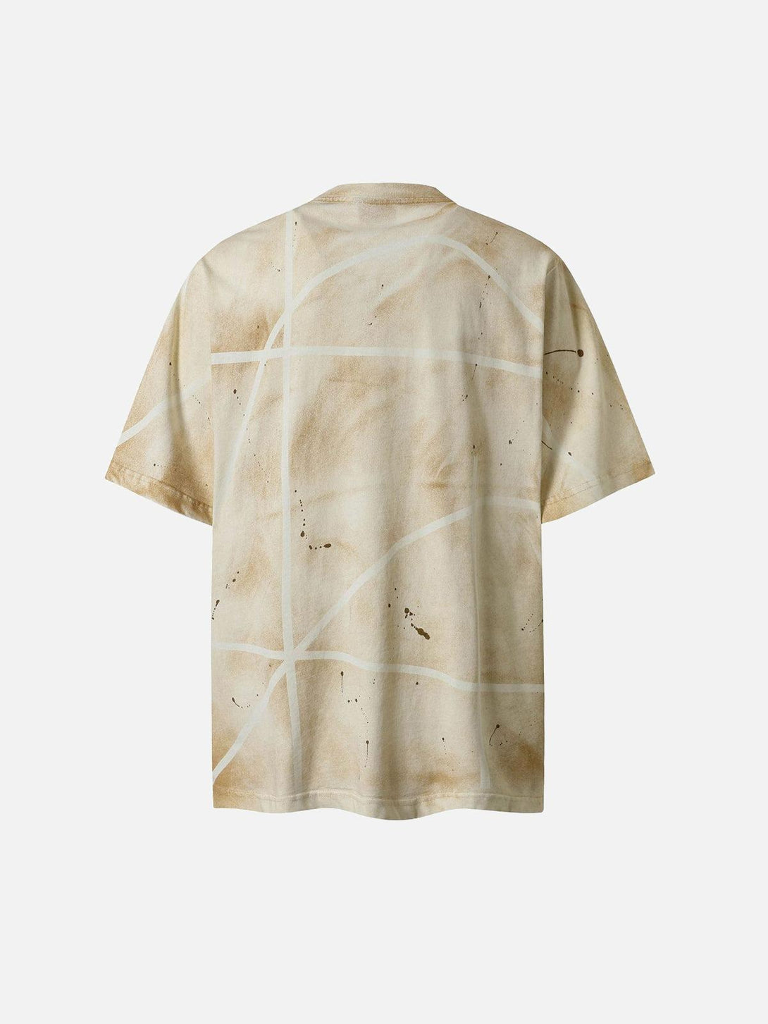 Back view of a TALISHKO oversized tie-dye T-shirt with abstract tan and white patterns.
