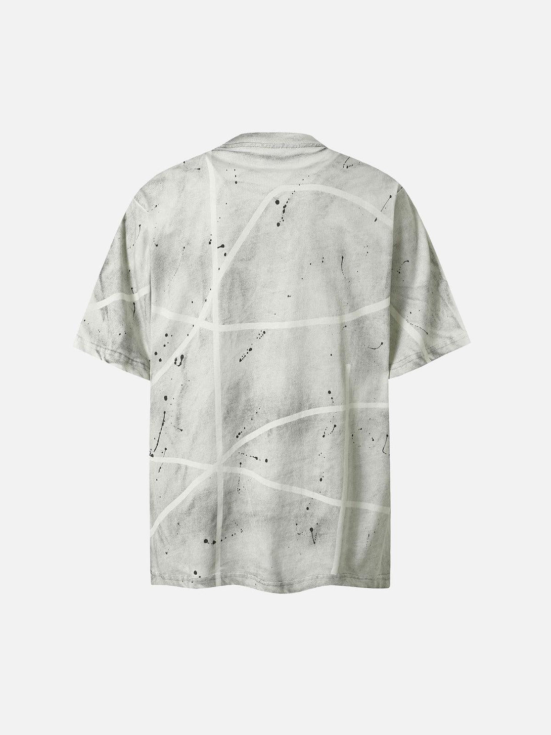 Back view of a TALISHKO oversized tie-dye T-shirt showcasing abstract patterns in gray tones.