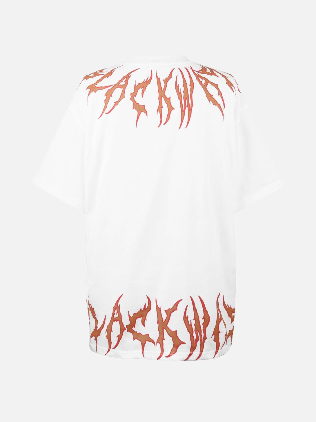 Back view of TALISHKO white tee with fiery orange blaze design, adding a bold touch to summer style.