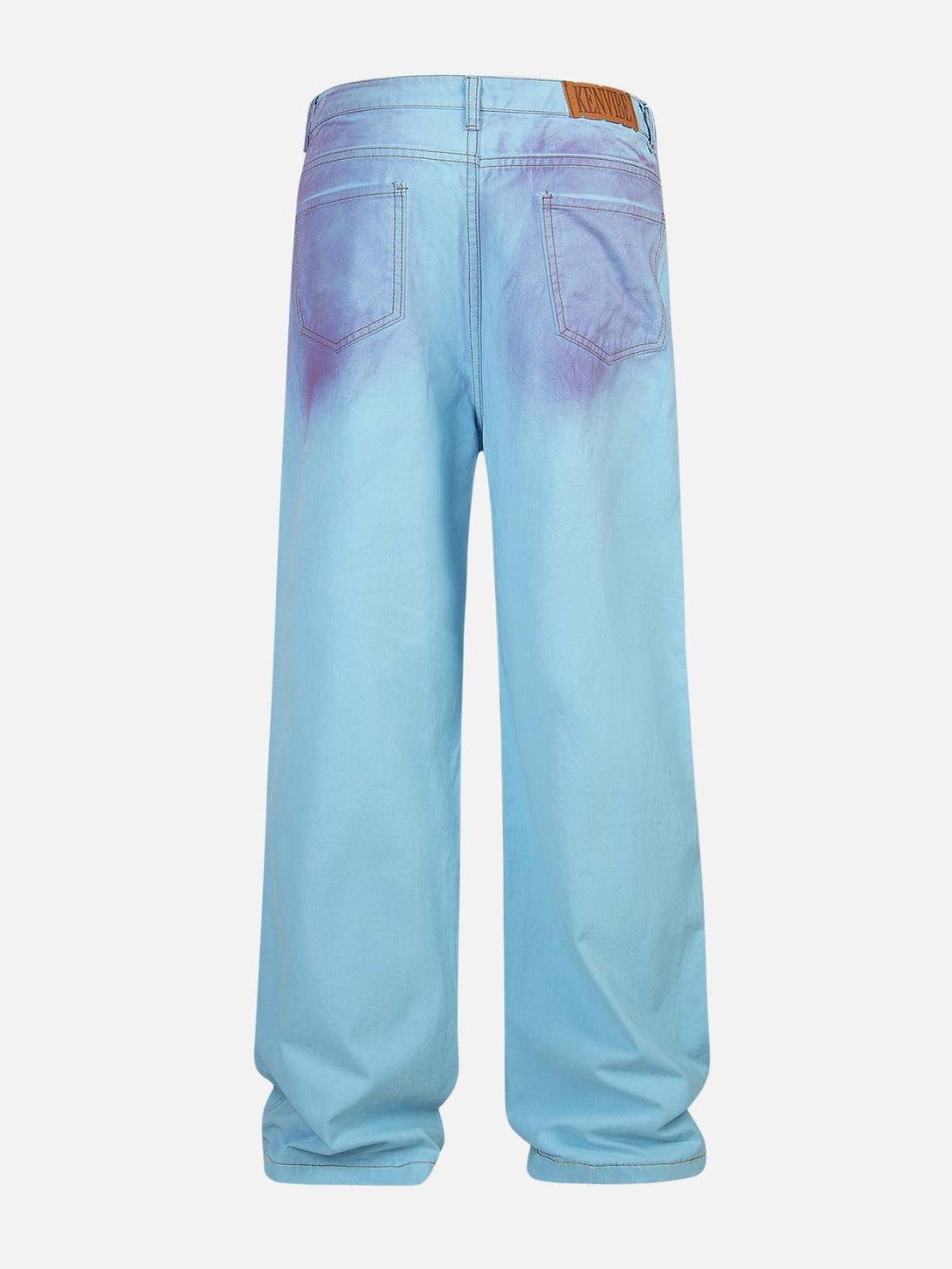 Back view of TALISHKO blue and purple loose jeans, featuring a unique gradient effect.