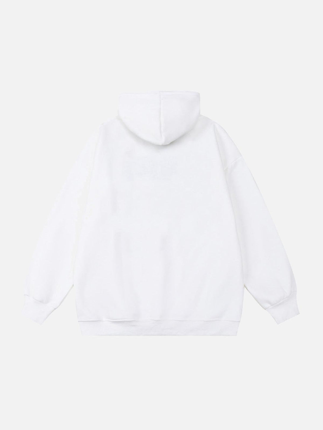 Rear view of a white hooded sweatshirt by TALISHKO, highlighting a simple, classic design.