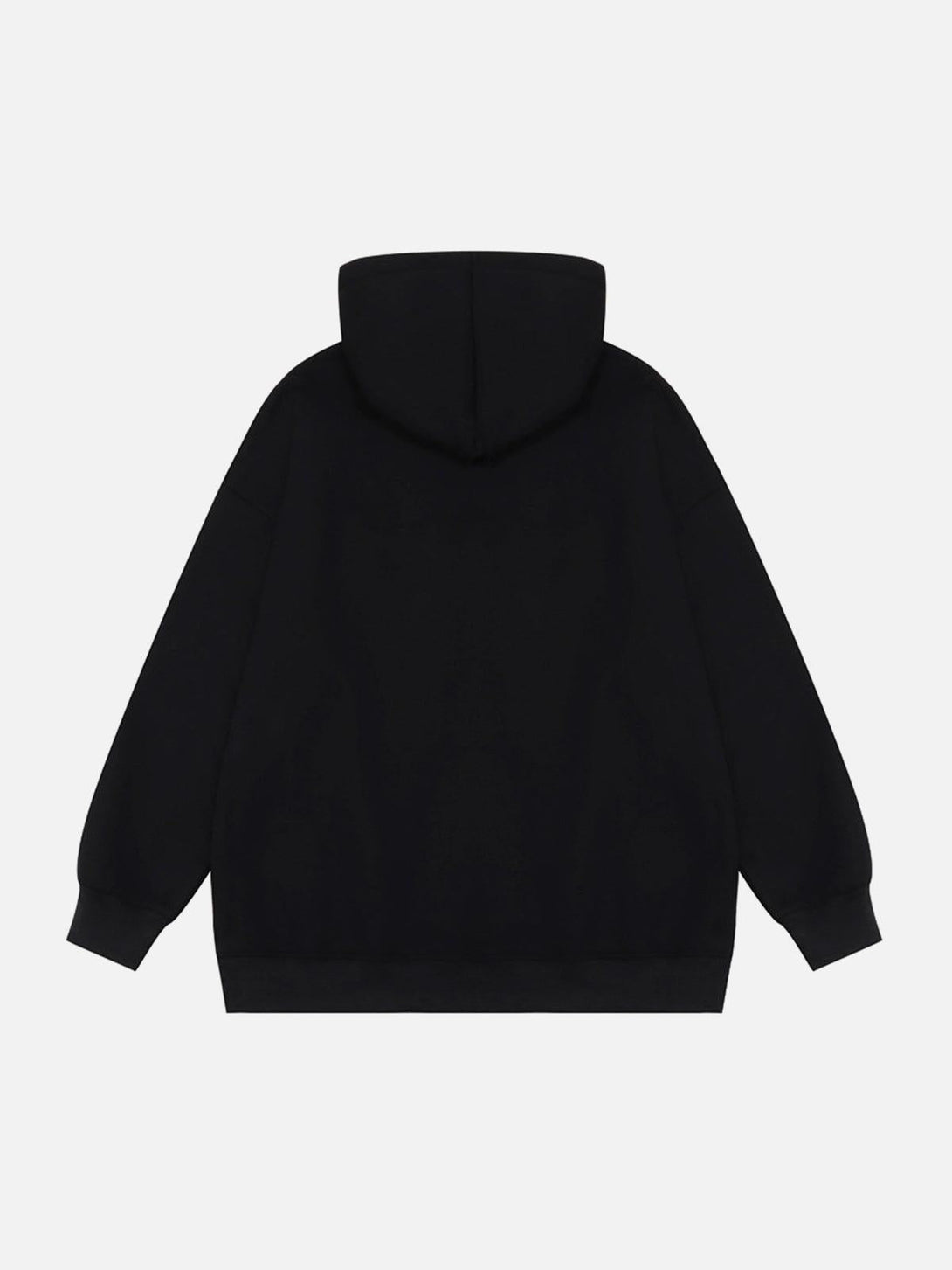 Rear view of a black hooded sweatshirt by TALISHKO, showcasing a minimalist design.