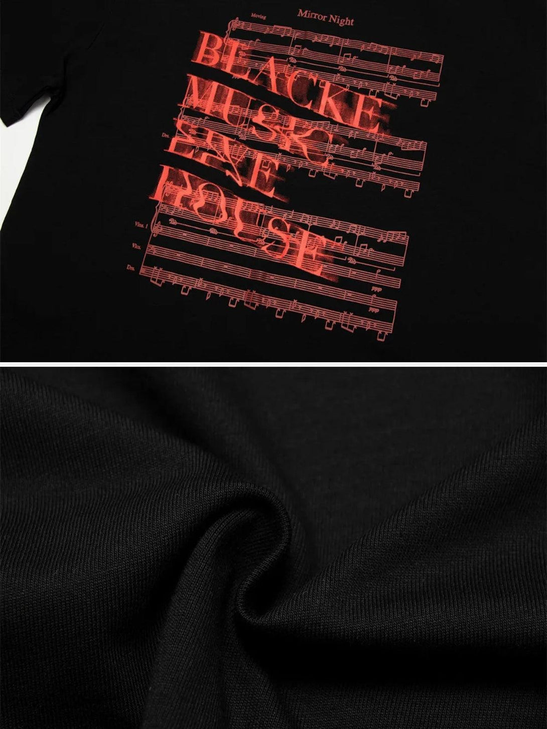 Intricate design on a black TALISHKO tee, highlighting blurred red rock print and fabric texture.