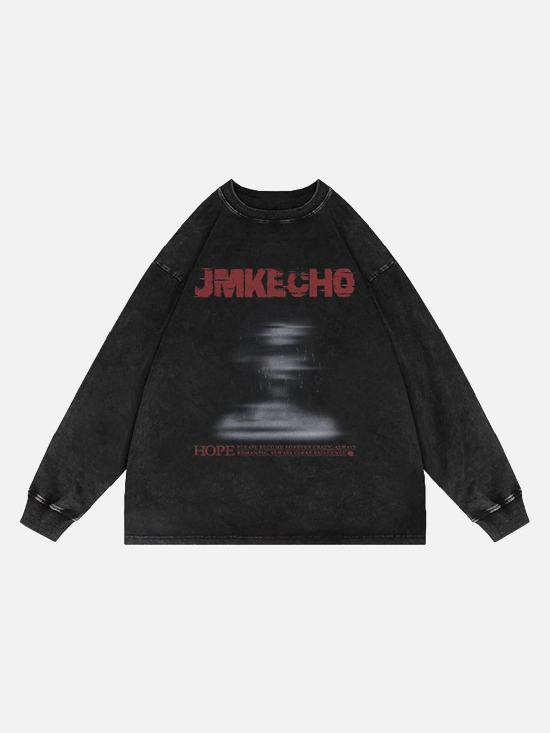 Front view of a black long sleeve T-shirt featuring a blurred silhouette print by TALISHKO.