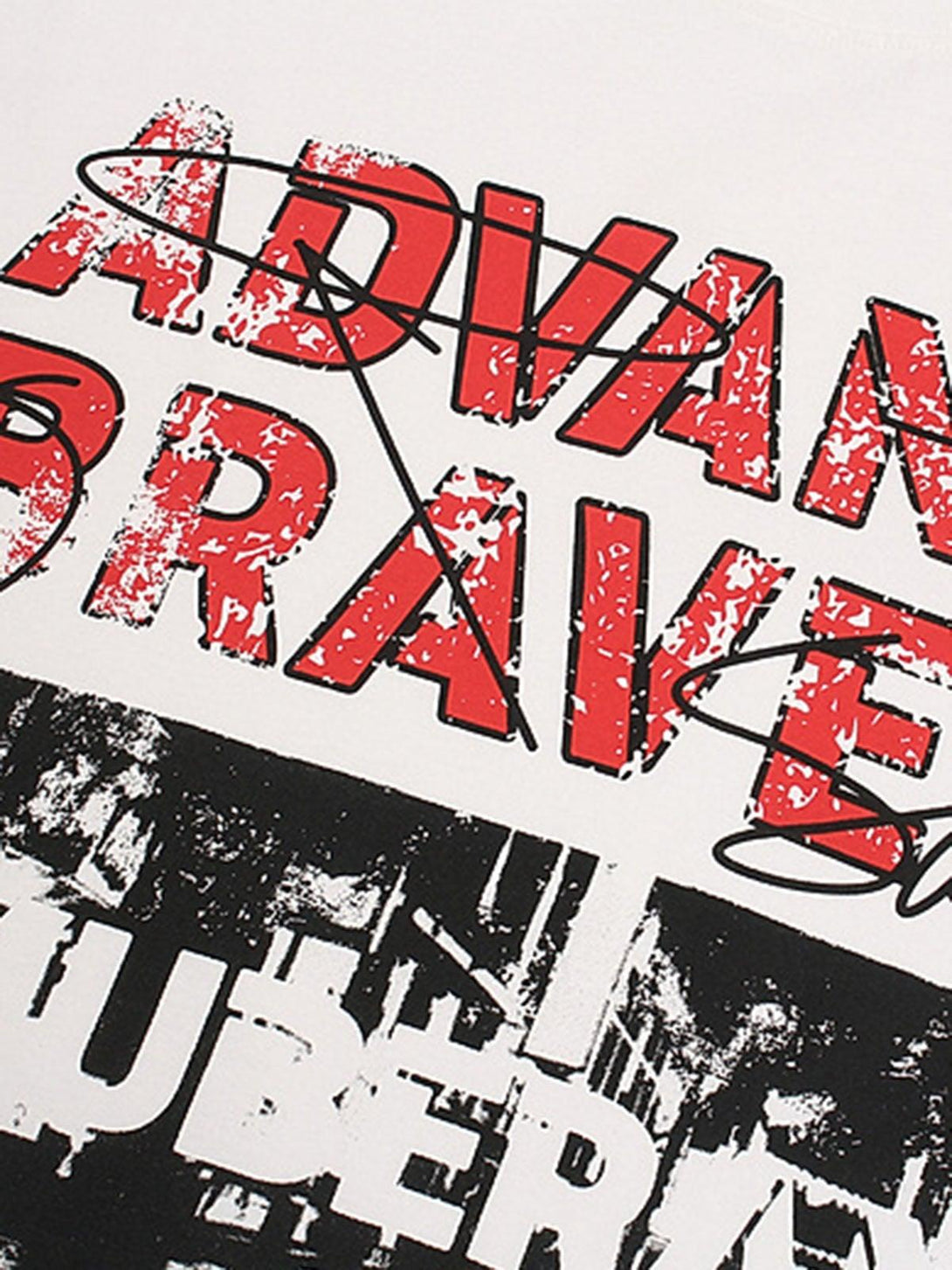 A close-up of the bold "Advance Bravely" graphic design on a TALISHKO T-shirt.