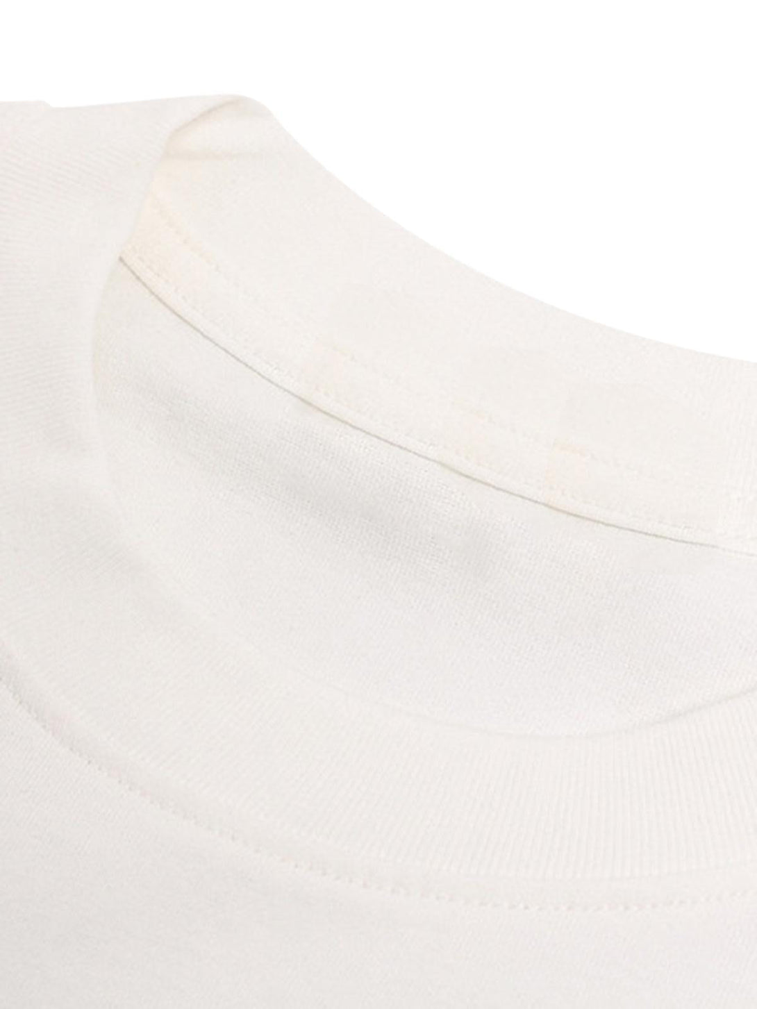 A detailed look at the neckline of a white graphic T-shirt by TALISHKO, highlighting soft fabric.