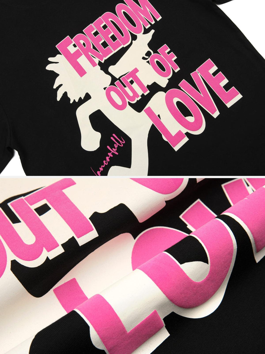 A detailed view of the bold pink and white graphic on a black tee by TALISHKO.