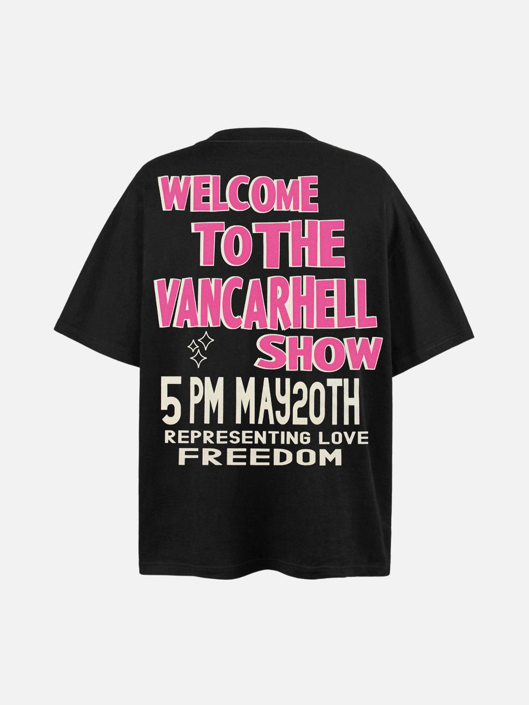 Back view of a black tee with bold pink and white text by TALISHKO, perfect for casual days.