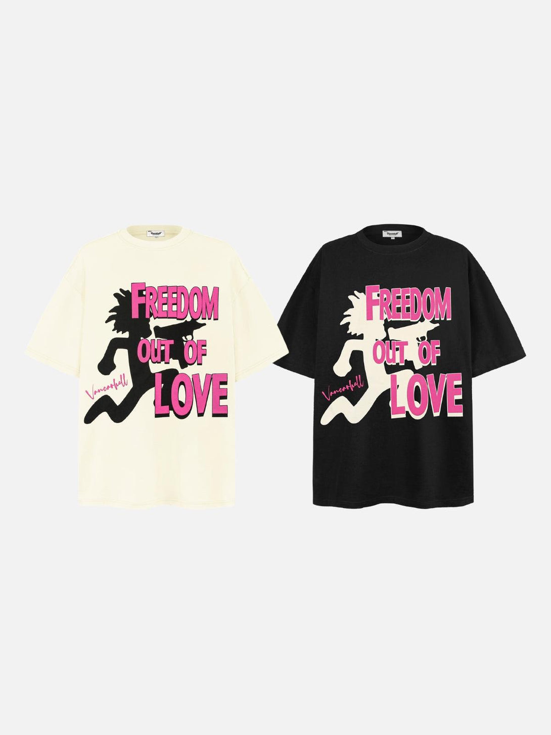 TALISHKO tees in black and cream, featuring bold pink text and silhouette designs for a vibrant look.