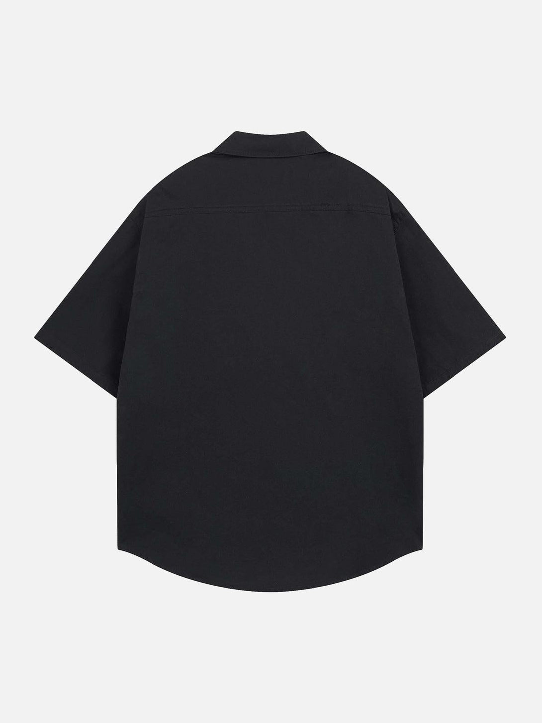 Back view of a black short-sleeve shirt by TALISHKO, offering a sleek and minimalist style.