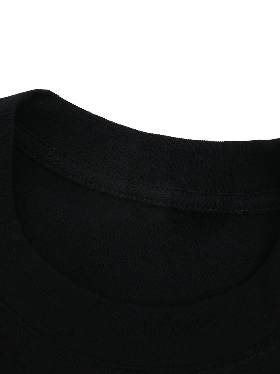 A detailed view of the neckline on a black graphic T-shirt by TALISHKO, highlighting its quality.