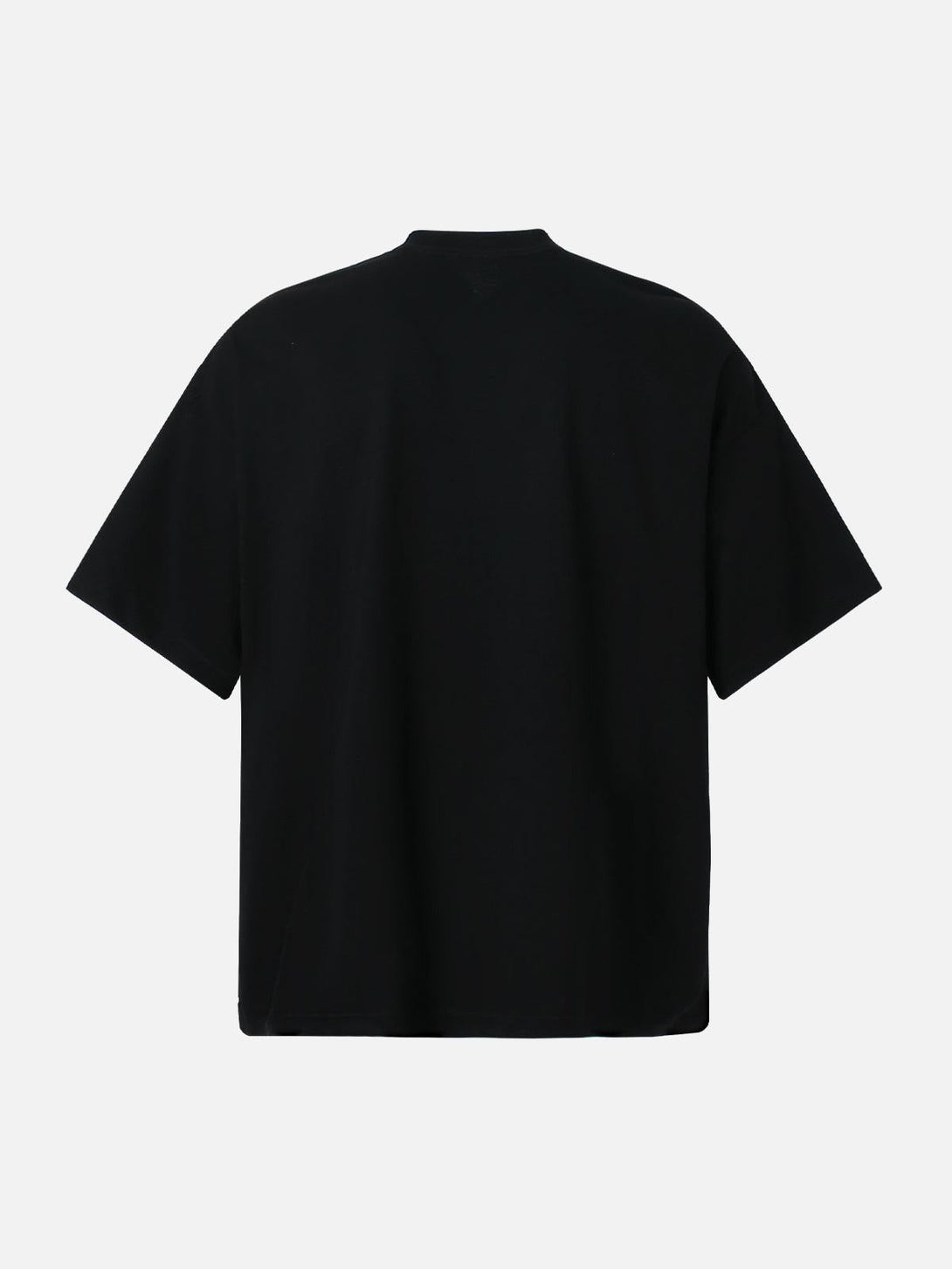 Rear view of a black T-shirt by TALISHKO, showcasing a minimalist streetwear silhouette.