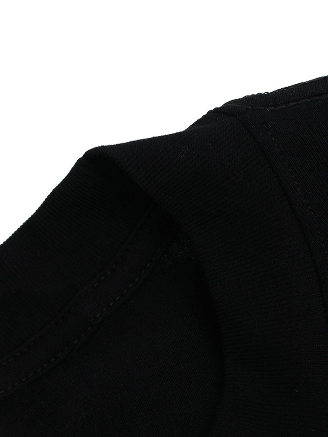 Detailed fabric and stitching of a black graphic T-shirt by TALISHKO, showcasing quality craftsmanship.
