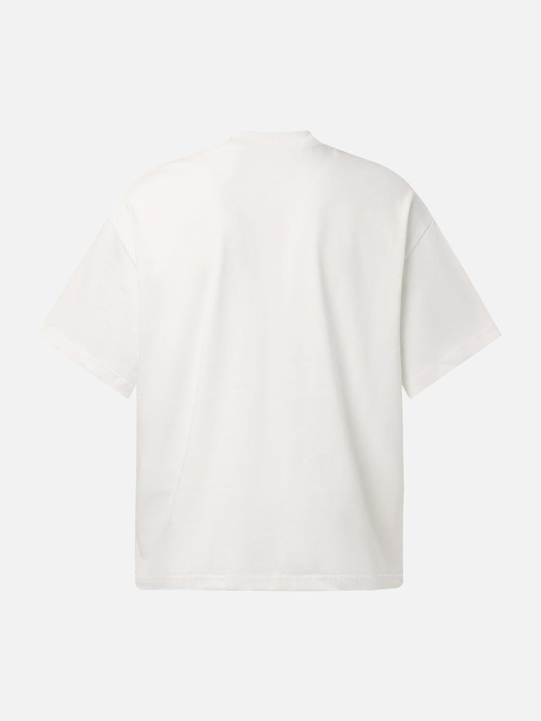Back view of a white graphic T-shirt by TALISHKO, highlighting minimal streetwear appeal.
