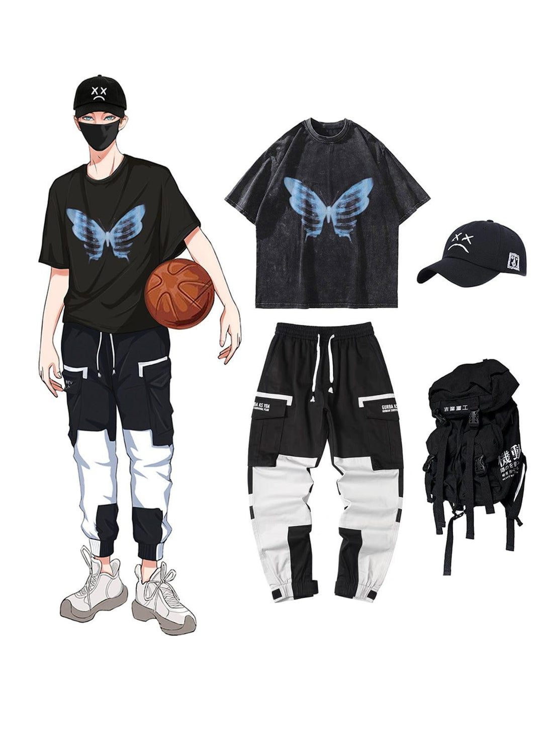 Sporty look with TALISHKO's graphic tee featuring a bone butterfly, styled with cargo pants.
