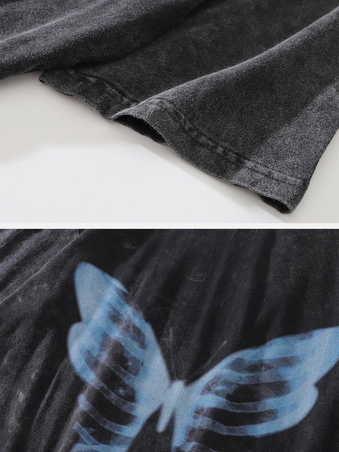 Detailed view of TALISHKO's washed tee featuring a blue bone butterfly graphic design.