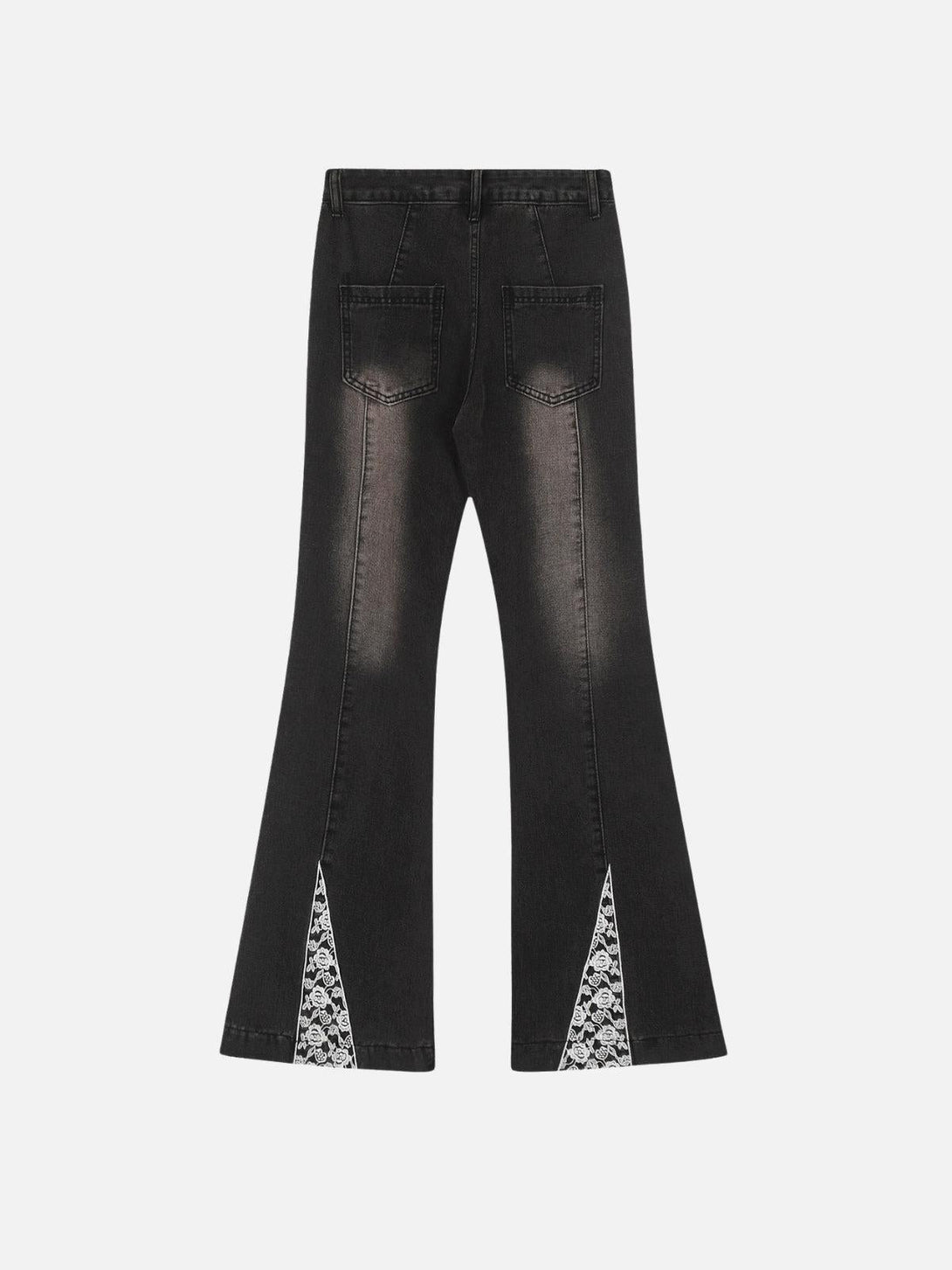 Back view of flared black jeans by TALISHKO, featuring lace inserts for a stylish touch.