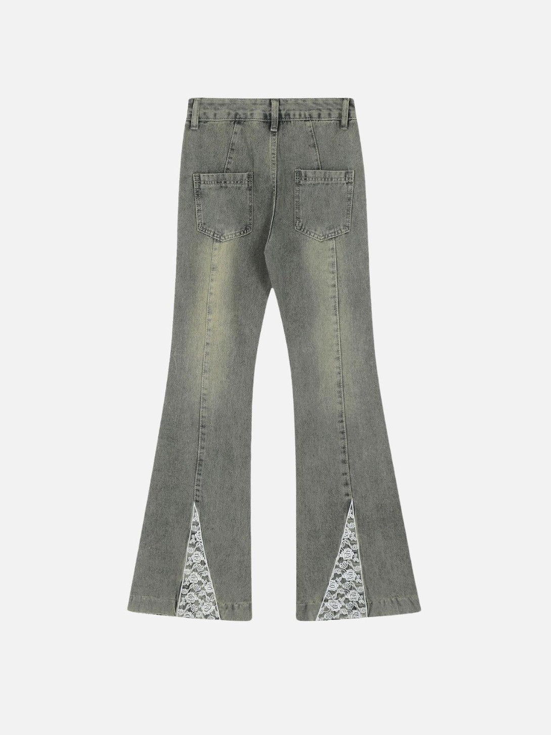 Back view of washed denim flared jeans by TALISHKO, featuring lace inserts for added elegance.