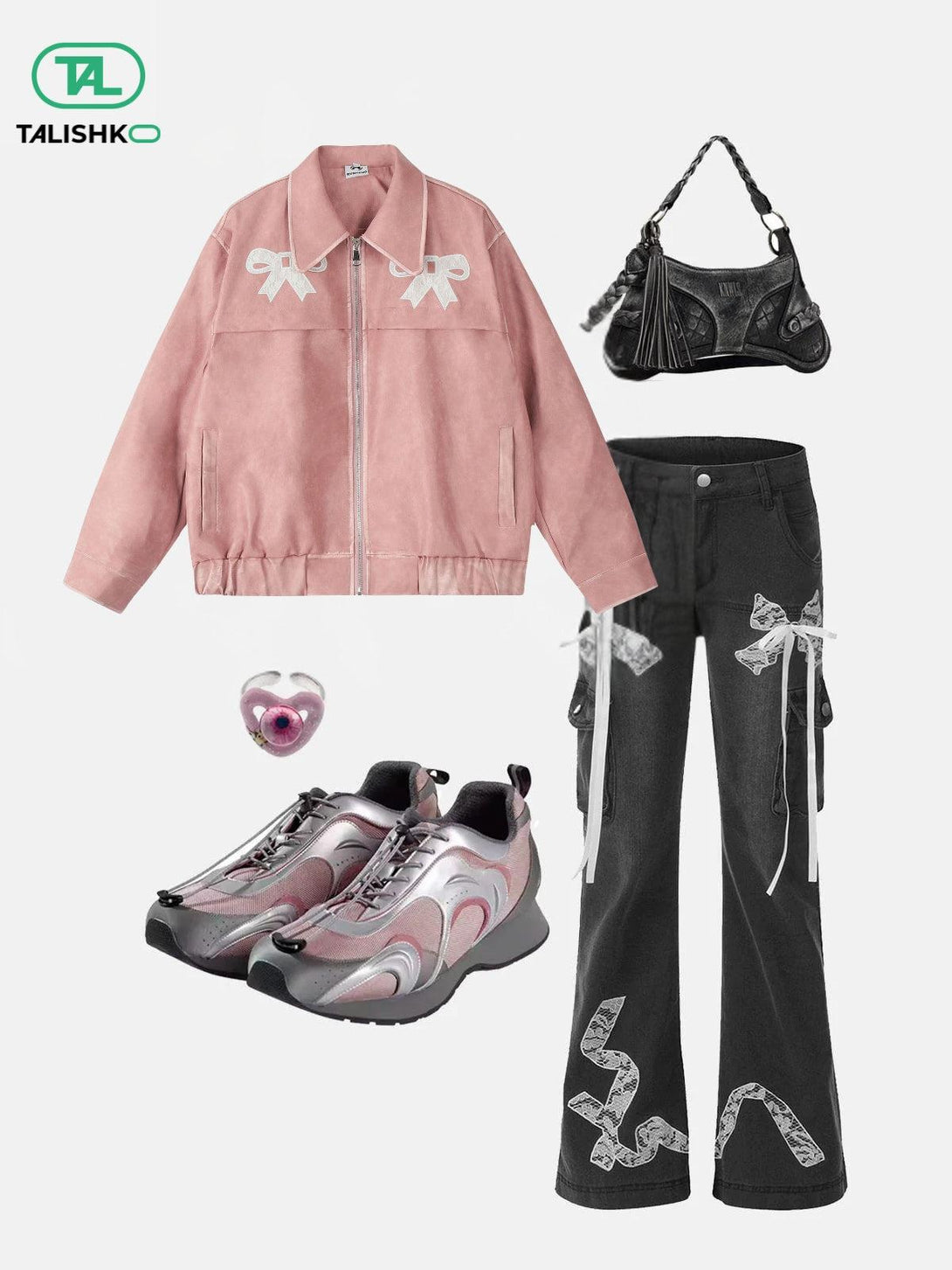 Chic pink faux leather jacket with bow accents styled with black pants and sneakers by TALISHKO.