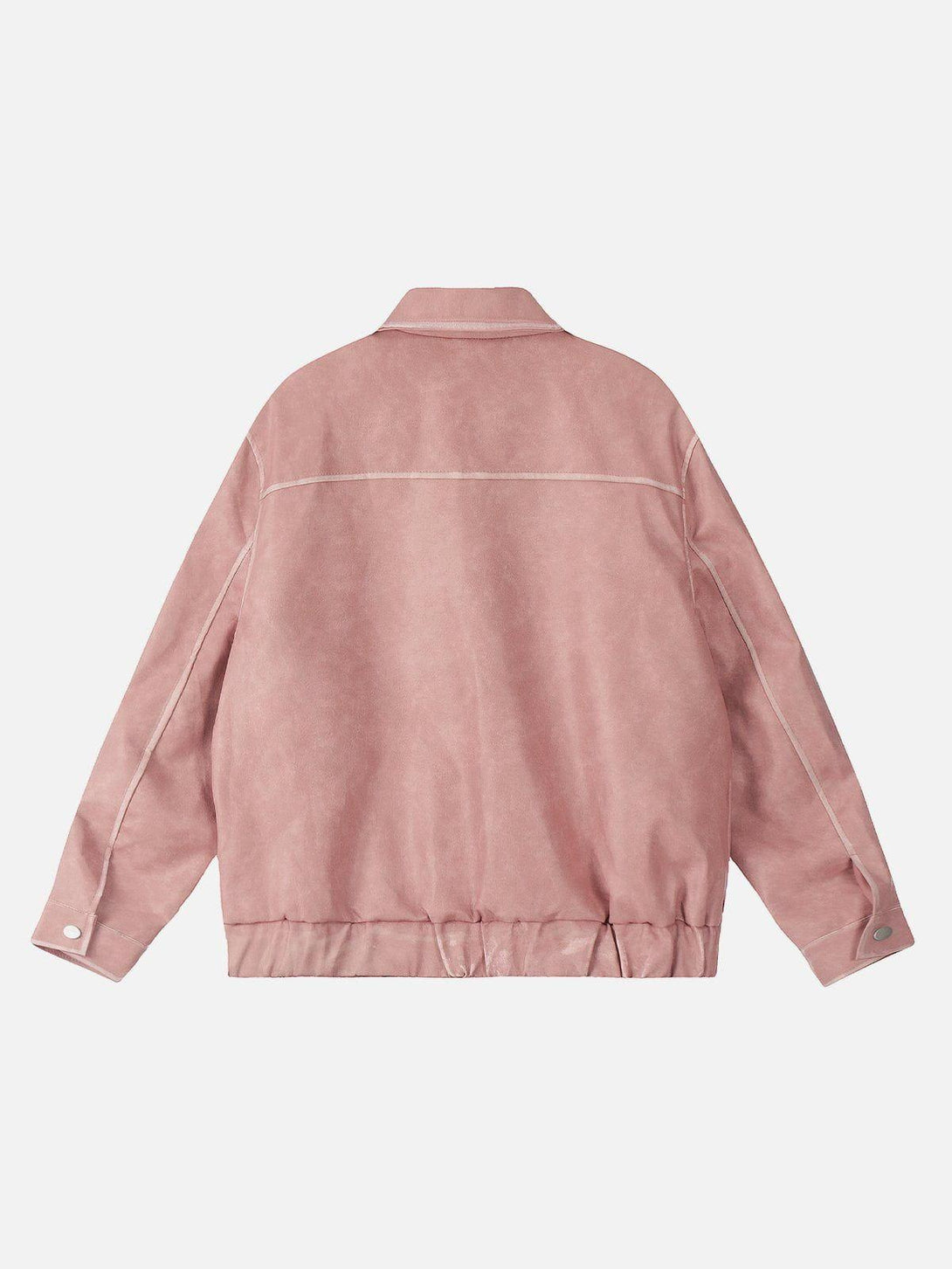 Back view of a pink faux leather jacket by TALISHKO, highlighting its relaxed silhouette.