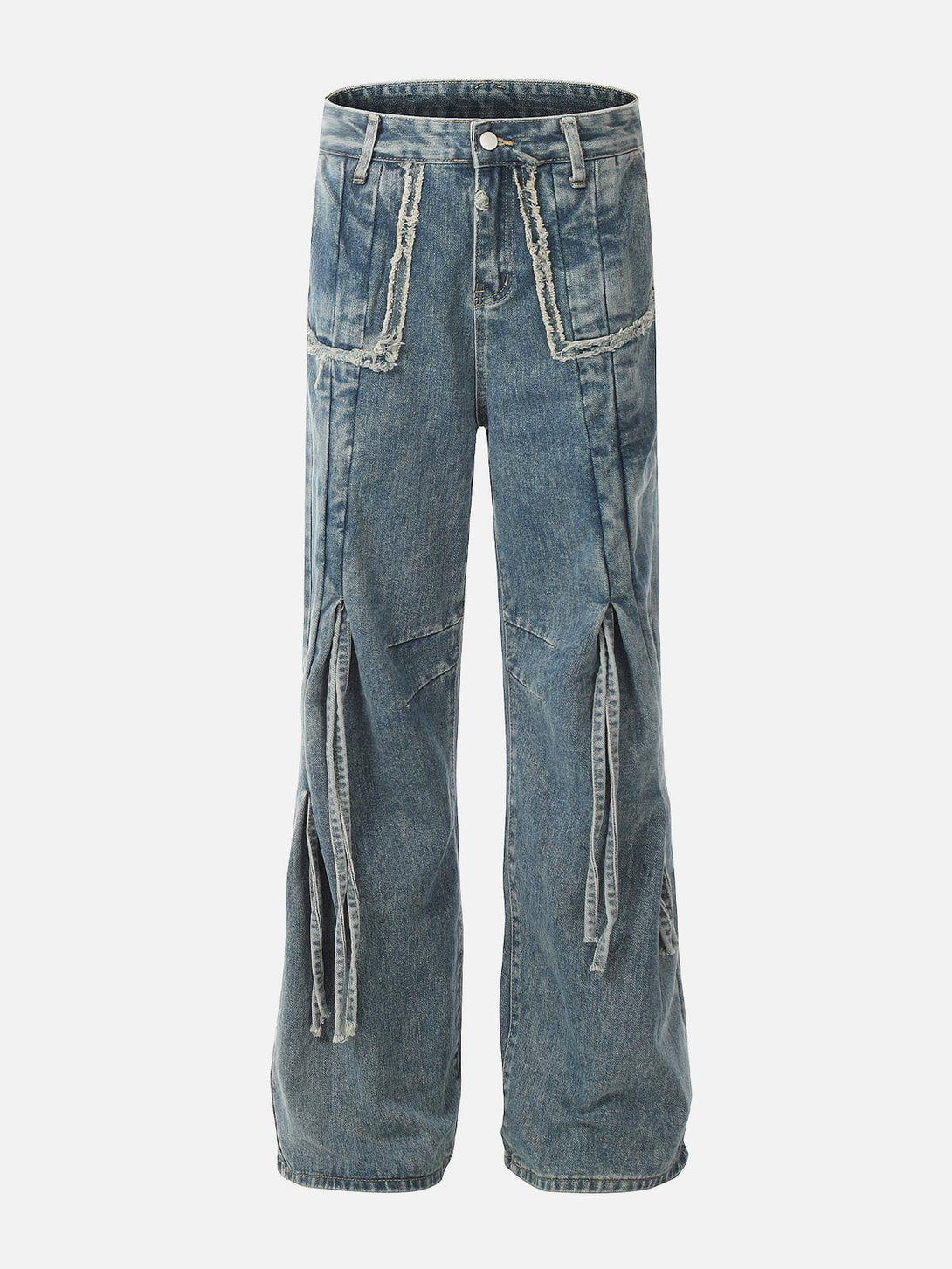 Unique bow fringe washed jeans by TALISHKO, featuring an edgy design and distressed details.