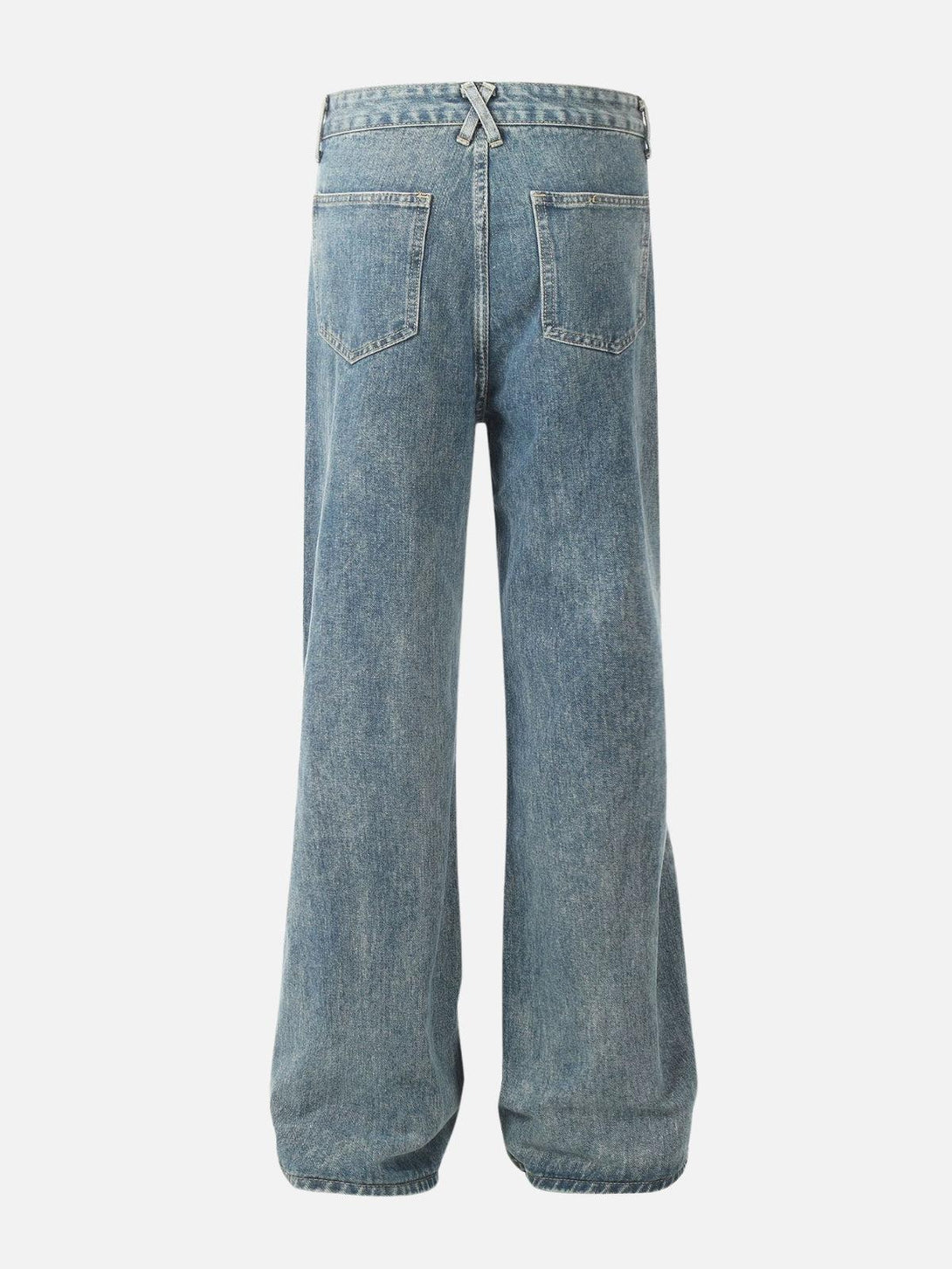 Back view of TALISHKO bow fringe washed jeans, highlighting a relaxed fit and casual style.