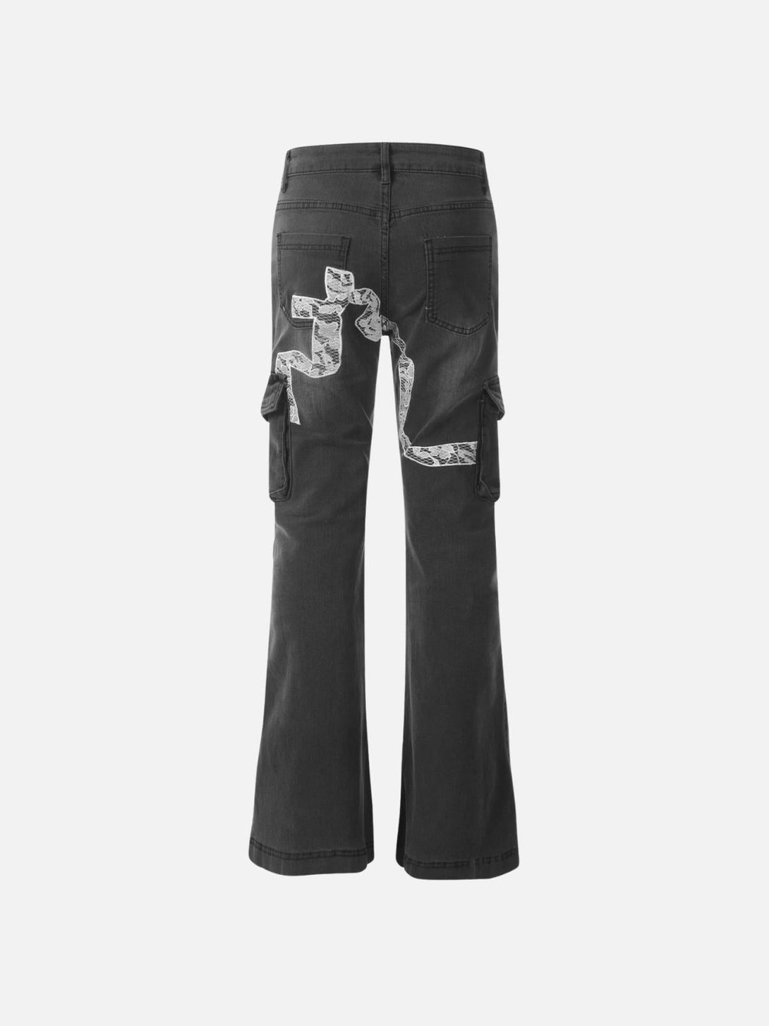 Back view of black multi-pocket washed jeans by TALISHKO, featuring a unique bow detail.