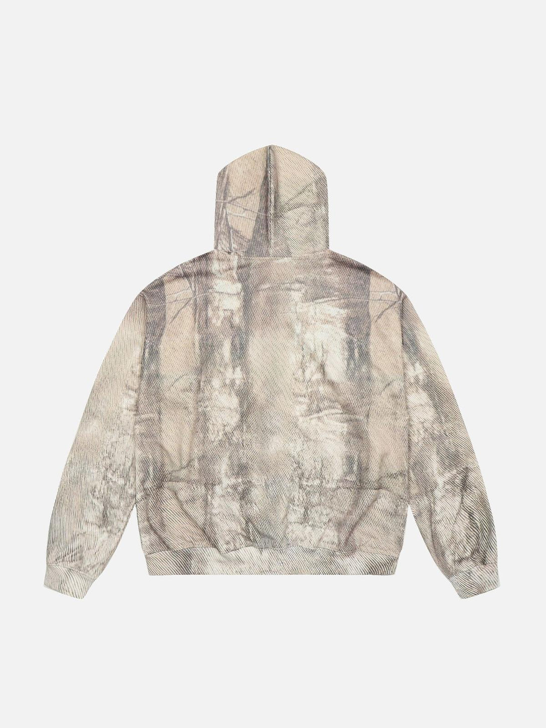 Back view of branch-patterned hoodie by TALISHKO, showcasing natural tones and casual style.