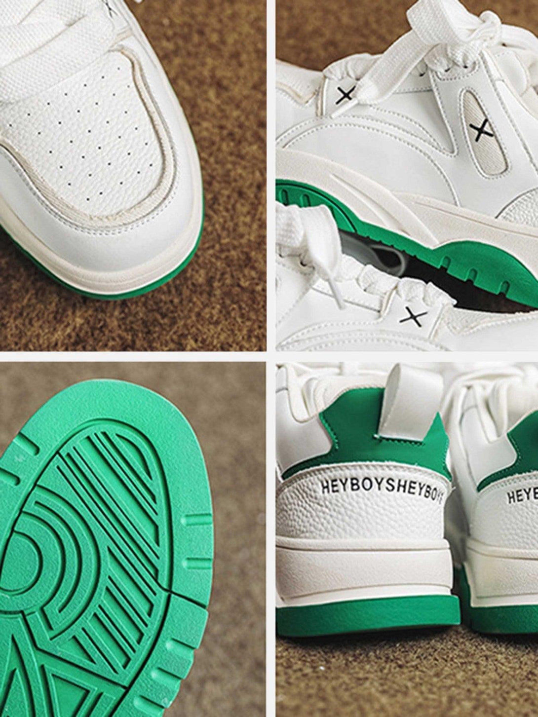 Intricate look at TALISHKO's white board shoes, highlighting green soles and detailed stitching.