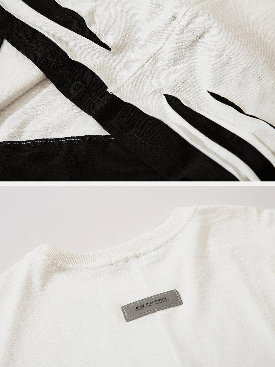 Detailed fabric and stitching of TALISHKO's tee, highlighting unique slits and layered design.