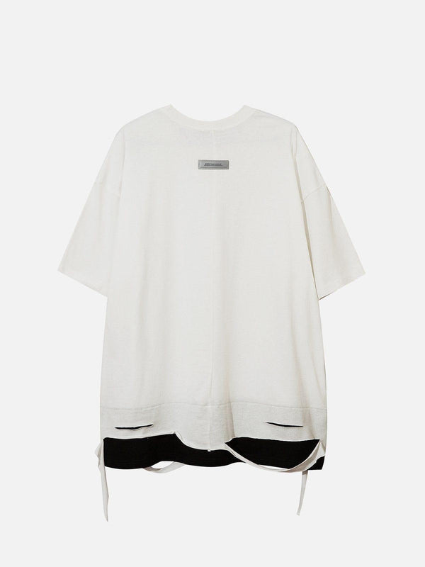 Back view of TALISHKO's Broken Chain Decoration Tee, showcasing unique slits and layered design.