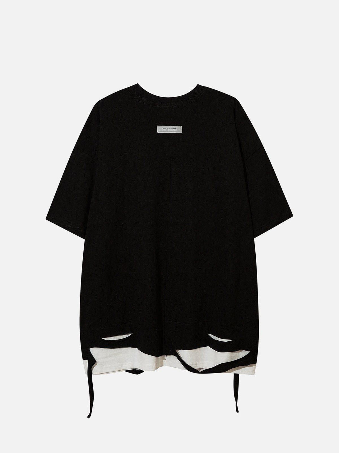 Back of TALISHKO's black tee with layered hem and slits, perfect for relaxed, edgy looks.
