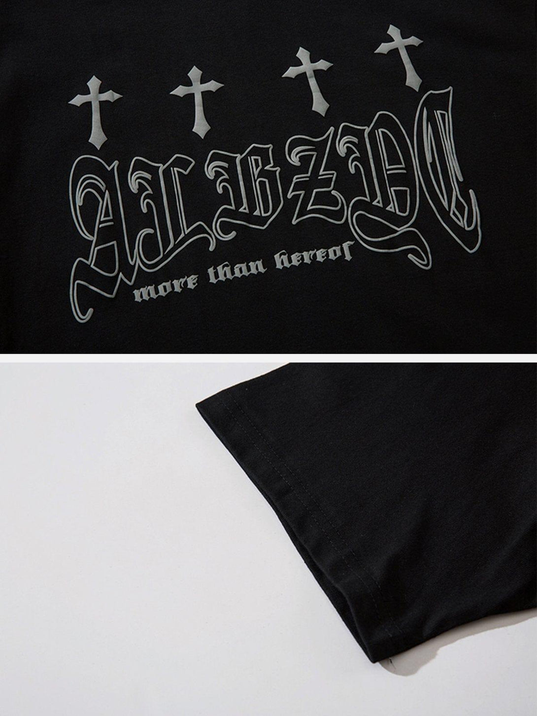 Intricate look at TALISHKO tee's cross graphics and detailed sleeve stitching in black.