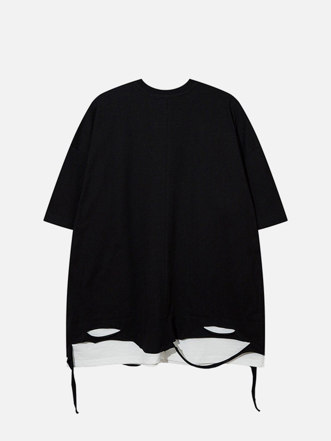 Back view of a black TALISHKO tee with cut-out details and layered hem design.