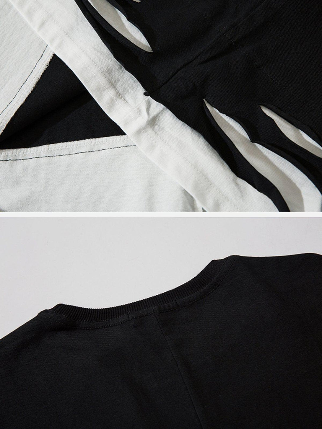 Detailed fabric and stitching of TALISHKO's black tee with layered cut-out design.