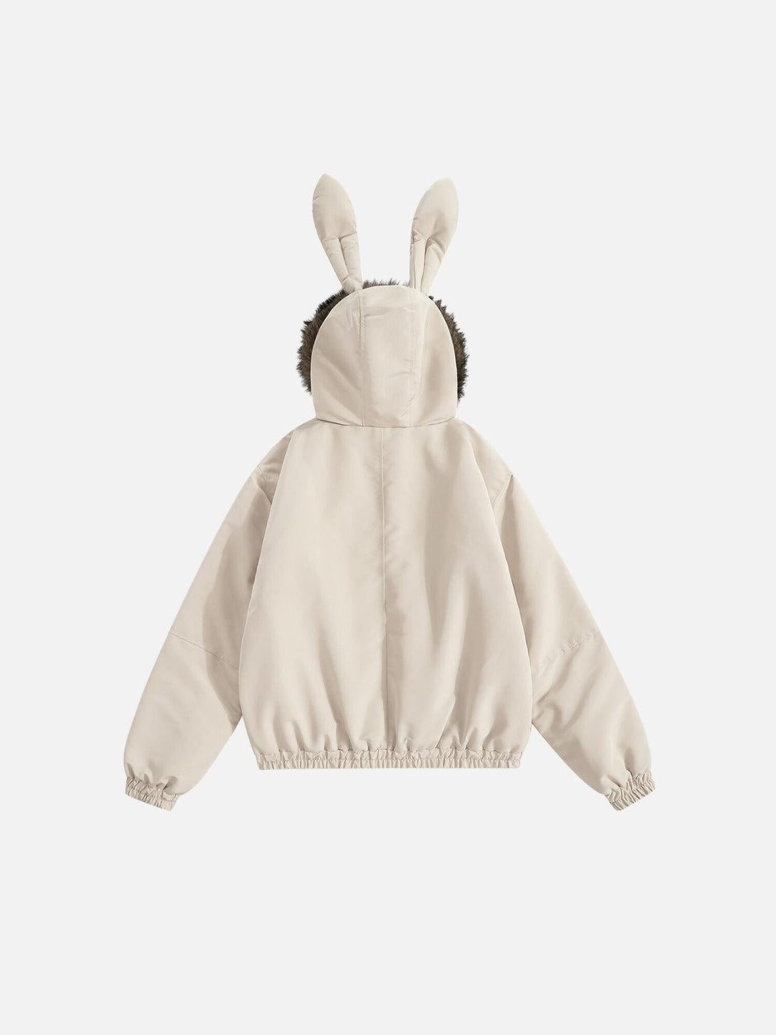 Back view of cozy TALISHKO bunny ear hooded coat, featuring playful design and fur trim.