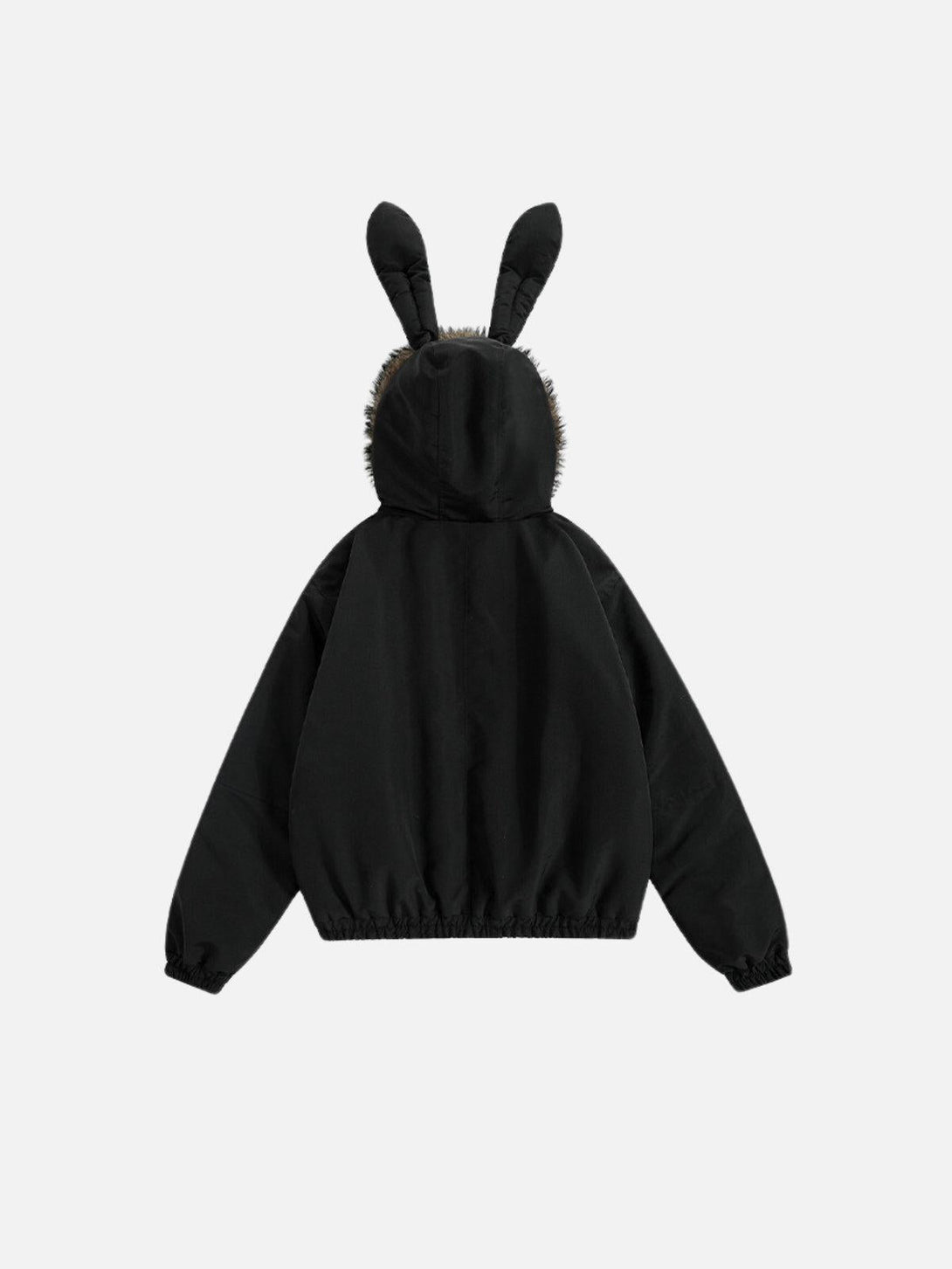 Back view of a black bunny ear hooded coat by TALISHKO, featuring a whimsical and playful design.