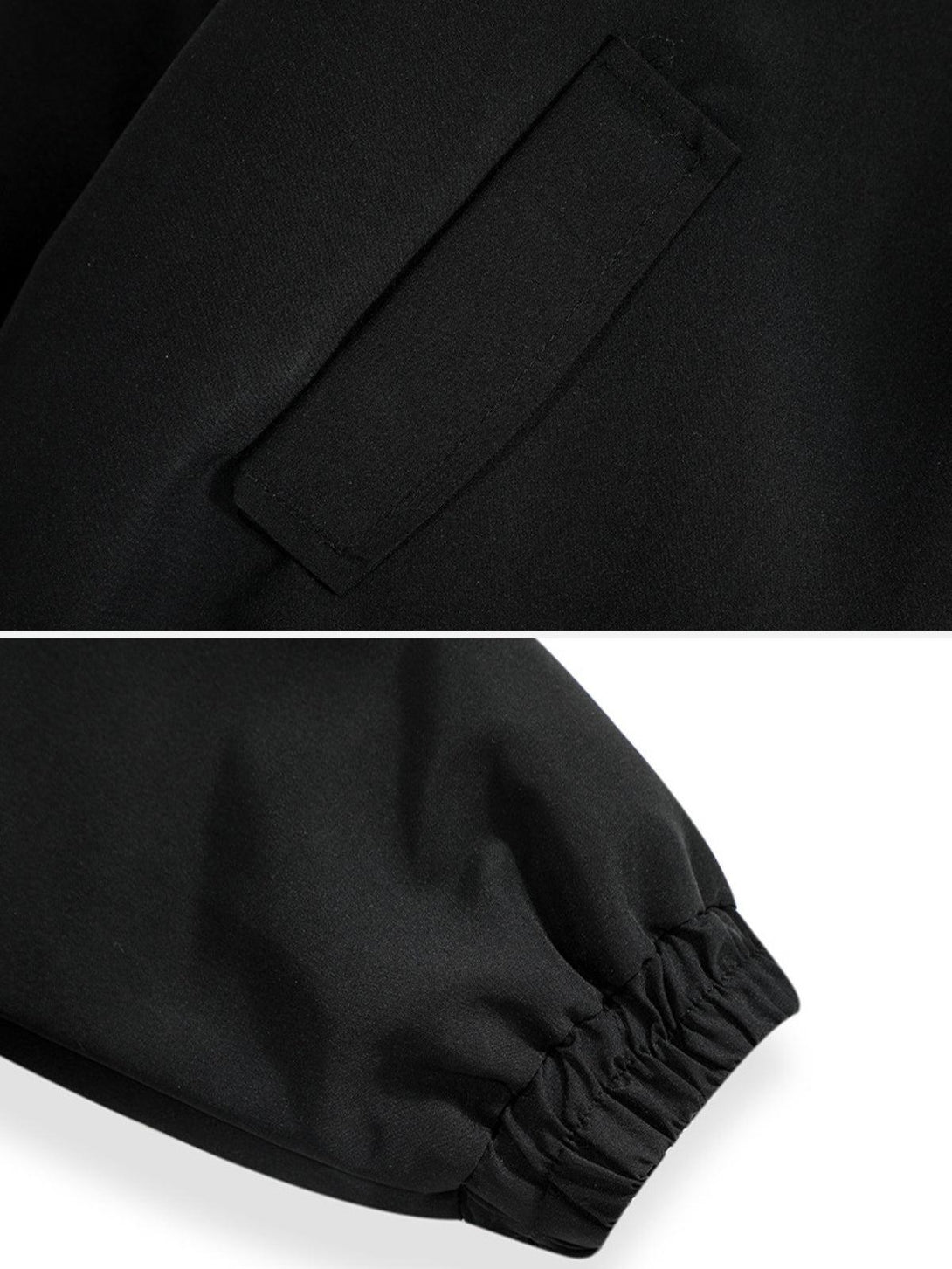 Detailed view of TALISHKO bunny ear hooded coat's pocket and elastic cuff, highlighting design elements.