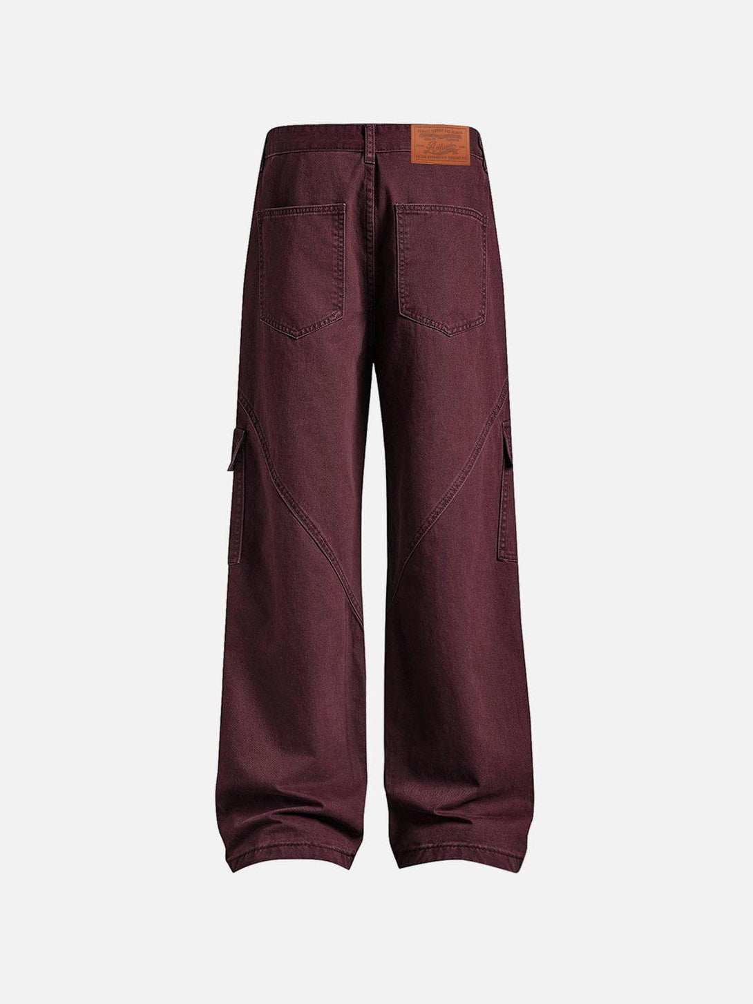 Back view of burgundy multi-pocket jeans by TALISHKO, highlighting casual and versatile design.