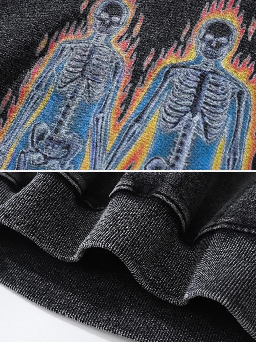 Detailed view of TALISHKO hoodie showcasing vibrant skeleton graphic and ribbed fabric texture.