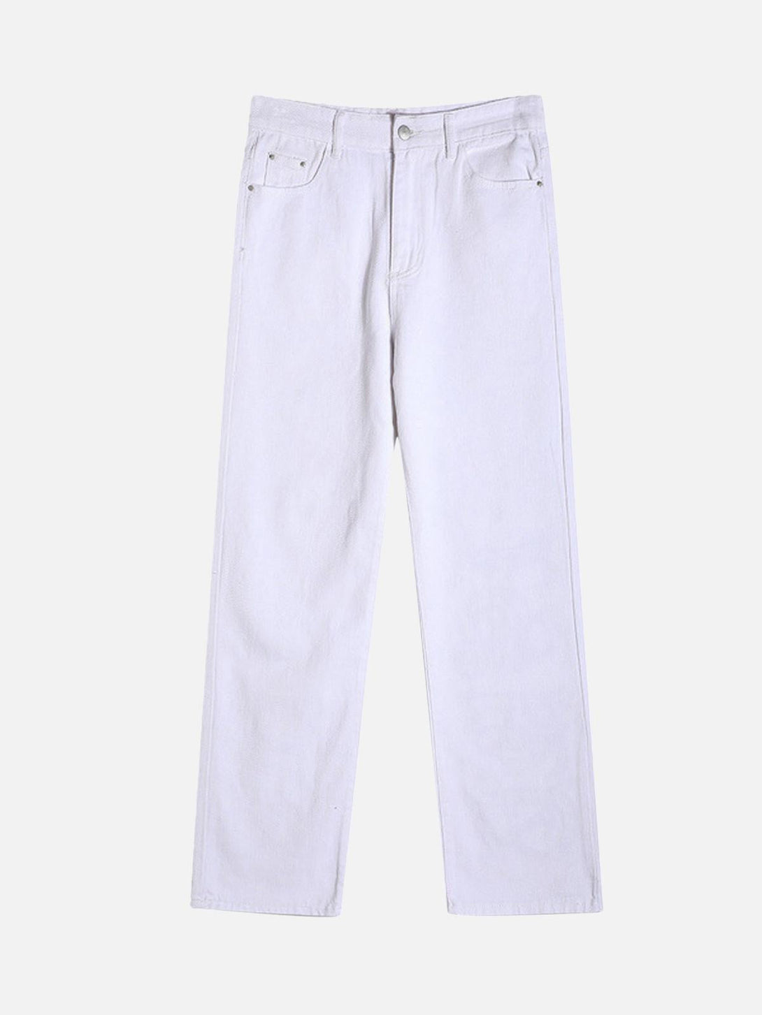 Front view of TALISHKO white jeans, minimalist design with a relaxed fit.