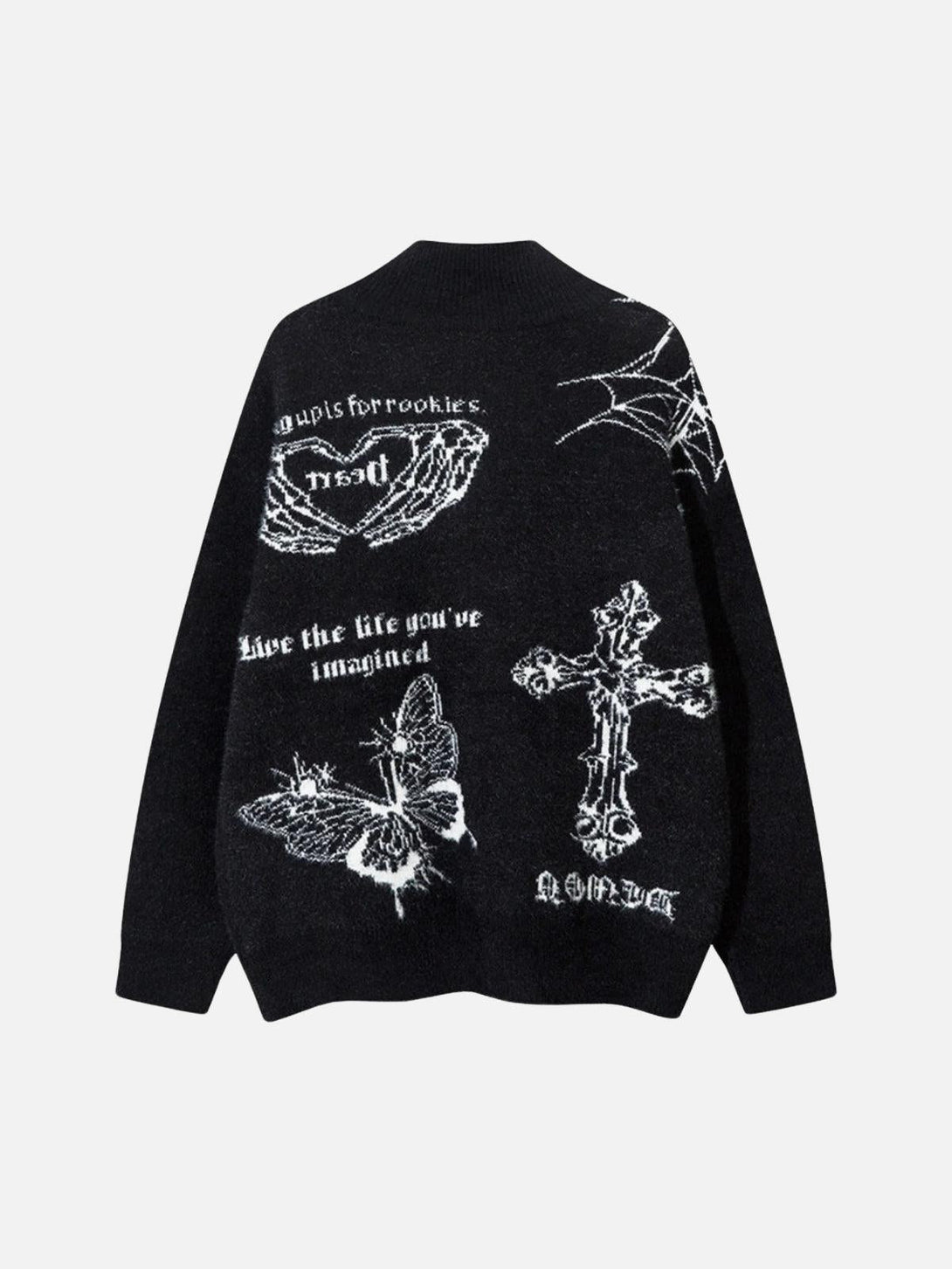 Back view of TALISHKO knit cardigan with bold butterfly and cross motifs on a dark fabric.