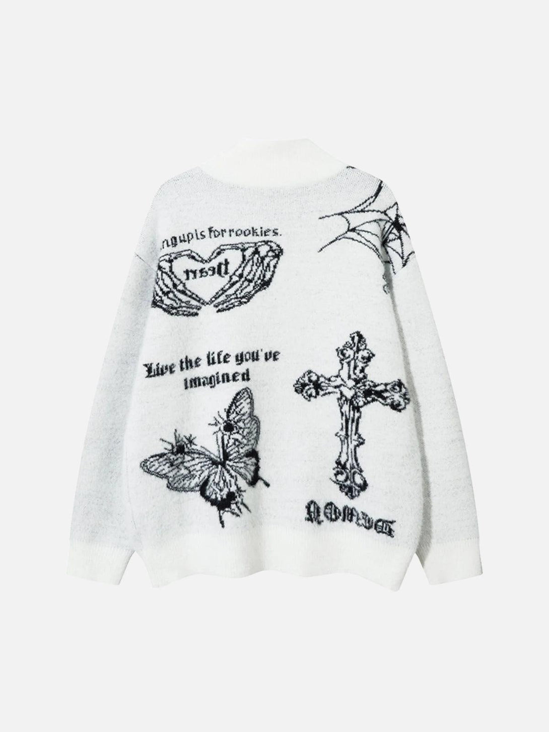 Back view of TALISHKO cardigan showcasing butterfly and cross designs on white knit fabric.