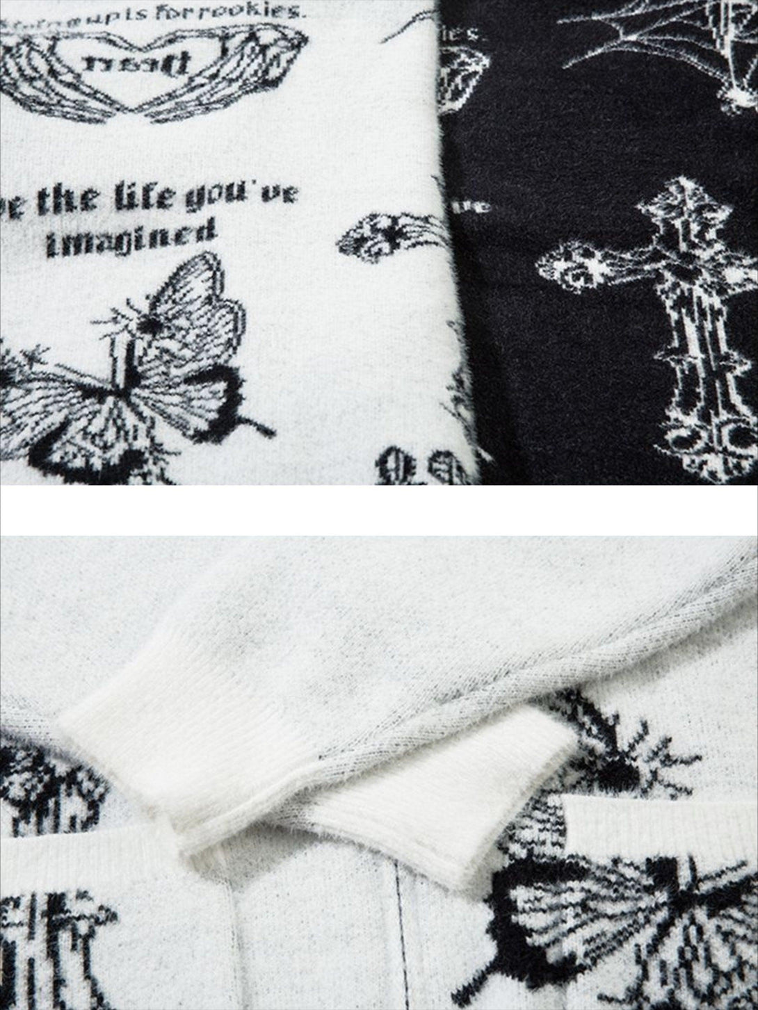 Detailed fabric and stitching of the TALISHKO knit cardigan with butterfly and cross motifs.