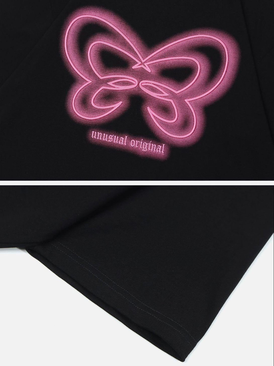 Detailed view of pink butterfly embroidery on a black tee by TALISHKO, highlighting unique style.